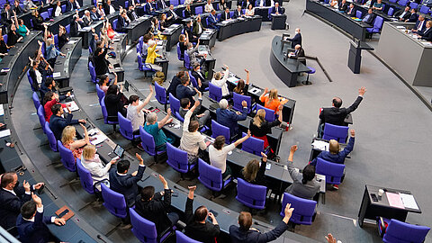 Bei einer Abstimmung im Bundestag heben die Abgeordneten der Ampel-Koalition ihre Arme.