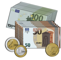 50- und 100-Euro-Scheine und einige Euro-Münzen