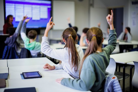 Jugendliche melden sich in einem Klassenraum, sie sind von hinten zu sehen und sitzen an ihren Tischen.