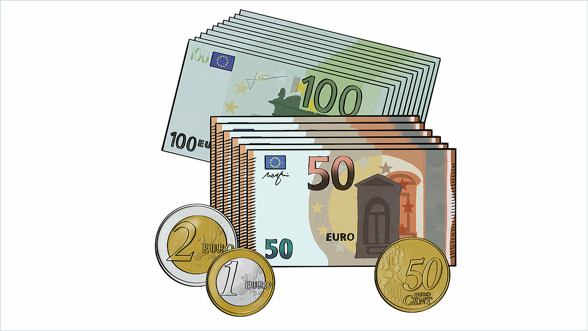 Illustration mit 100-er und 50-er Euroscheinen und mehreren Münzen