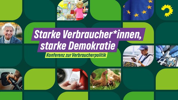 Bild mit verschieden grünen Flächen, dazwischen Fotos Kind vor Einkaufsregal, alte Frau, Hühner im Grüner Wiese, Hadn hält Stoffetikett, Hand hält E-Zapfpistole in Tankeingang, Europaflaggek