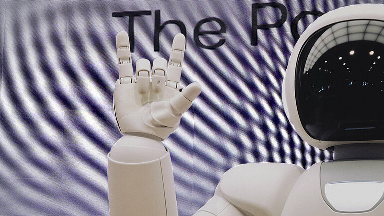 Ein Roboter zeigt mit seiner Hand das Teufelszeichen