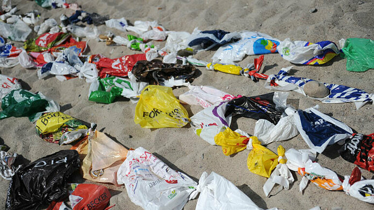 Mehr als 5000 gebrauchte Plastiktüten bilden am am Strand von Niendorf  zusammengeknotet einen Fisch. Mit diesem Guinness-Rekord für die längste Plastiktütenkette der Welt möchte das "Sealife" auf die wachsende Menge von Plastikmüll in den Meeren aufmerks