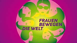 Cover profil:Grün 04 / 2021 mit der Titel Frauen bewegen die Welt. Das Foto zeigt eine Weltkugel mit Frauenköpfen mit magentafarbenem Hintergrund
