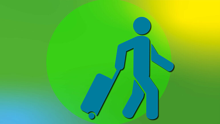 Illustration in grüner Farbe mit Piktogramm einer Person, die einen Rollkoffer hinter sich herzieht.