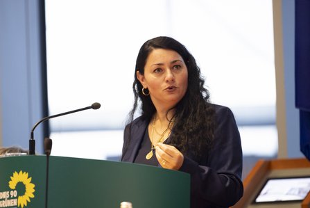 Abgeordnete Lamya Kaddor am grünen Redepult vor Fensterfront