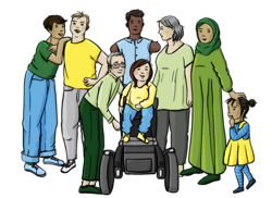 Menschen verschiedener Kulturen mit und ohne Behinderungen