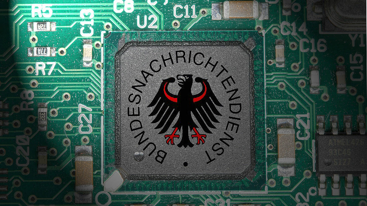 Logo des BND Bundesnachrichtendienst auf dem Chip eines Prozessors