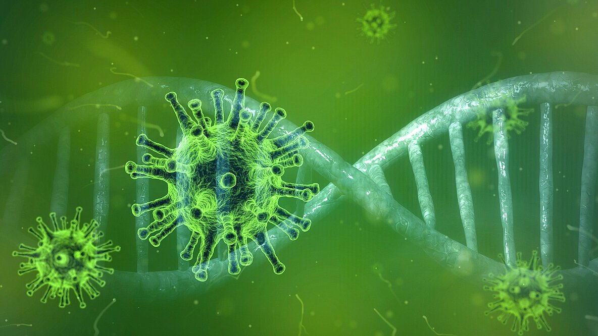 Künstlerische Darstellung von Corona-Viren mit grünem Hintergrund