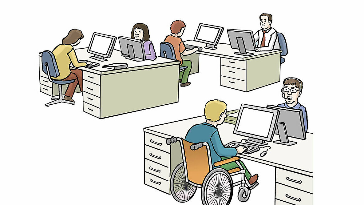 Ein gezeichnetes Bild mehrerer Menschen in einem Büro.