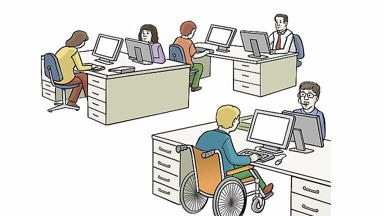 Ein gezeichnetes Bild mehrerer Menschen in einem Büro.