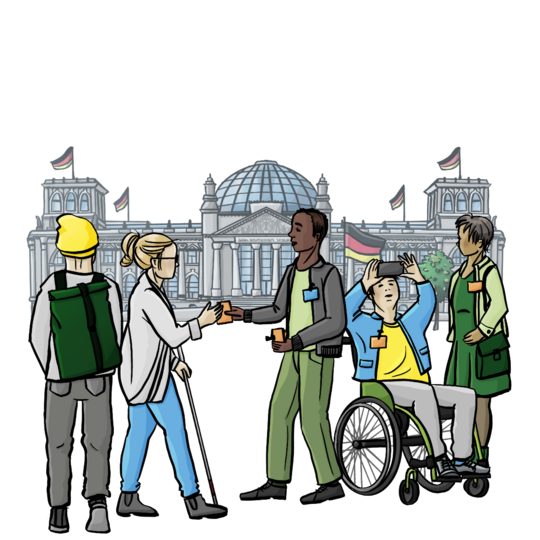 Eine Gruppe von Personen steht vor dem Reichstag in Berlin.